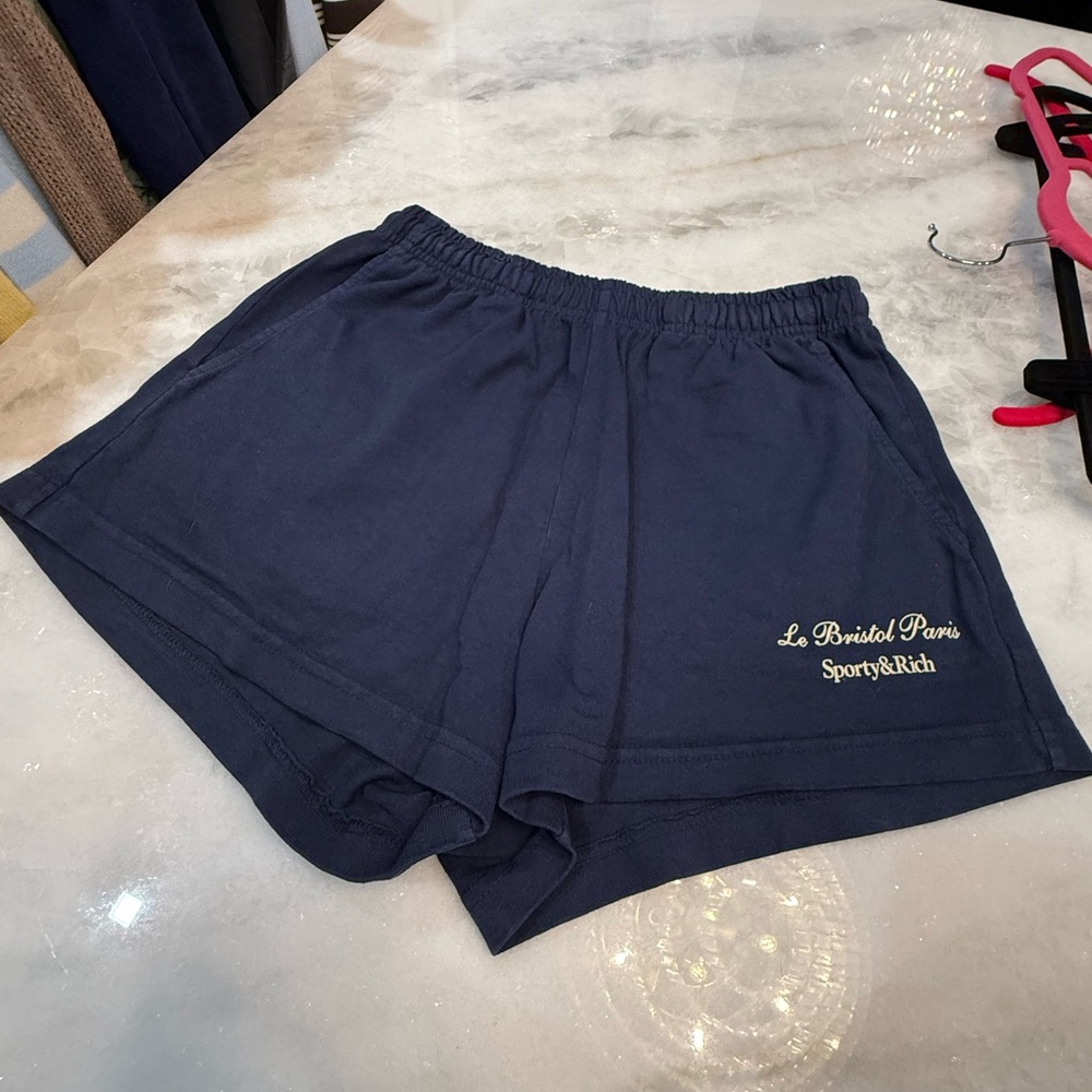 Sporty & Rich Navy Le Bristol Paris Athletic Shorts